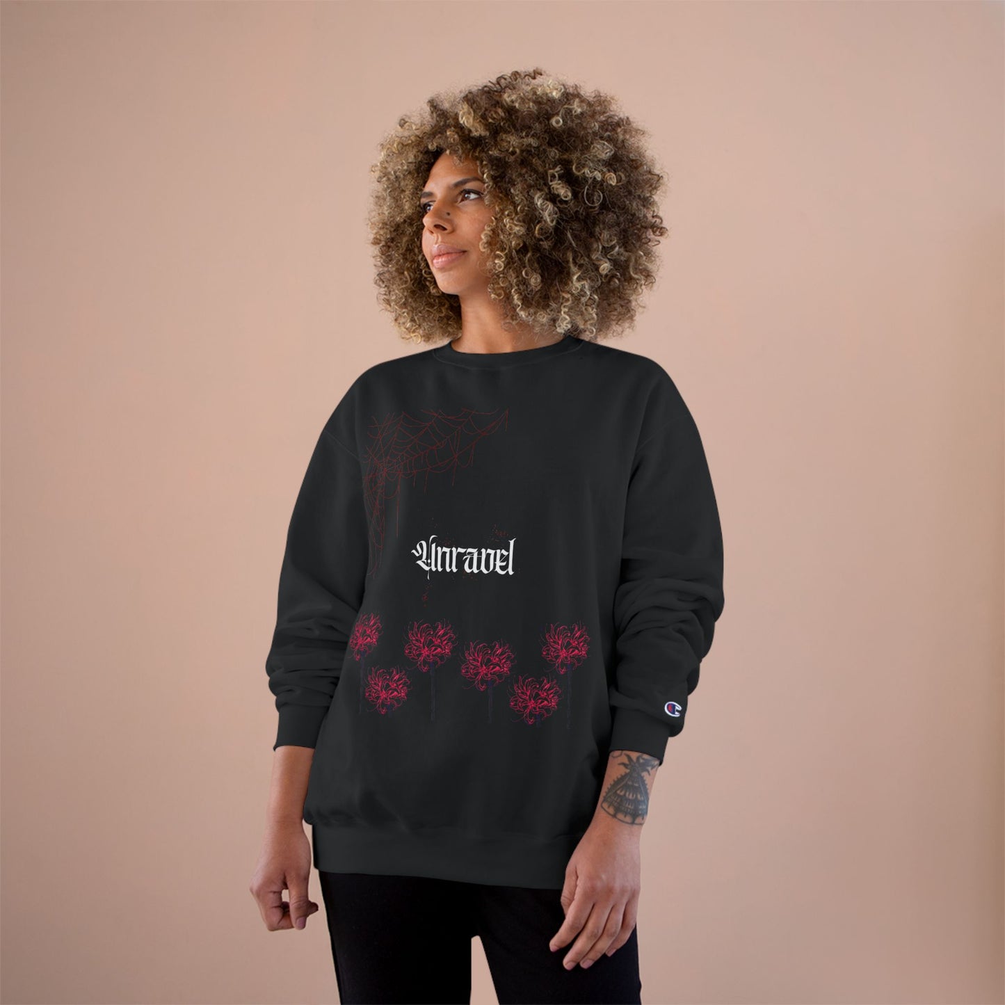 Red Spider Lilly Champion Sweatshirt, Unravel Design with Floral Touch, Cozy and Stylish Pullover, Gift for Nature Lovers, Winter Fashion